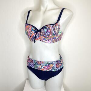 Pour Moi Bikini Swimsuit Set Womens Medium 36B Foldover Navy Blue Floral